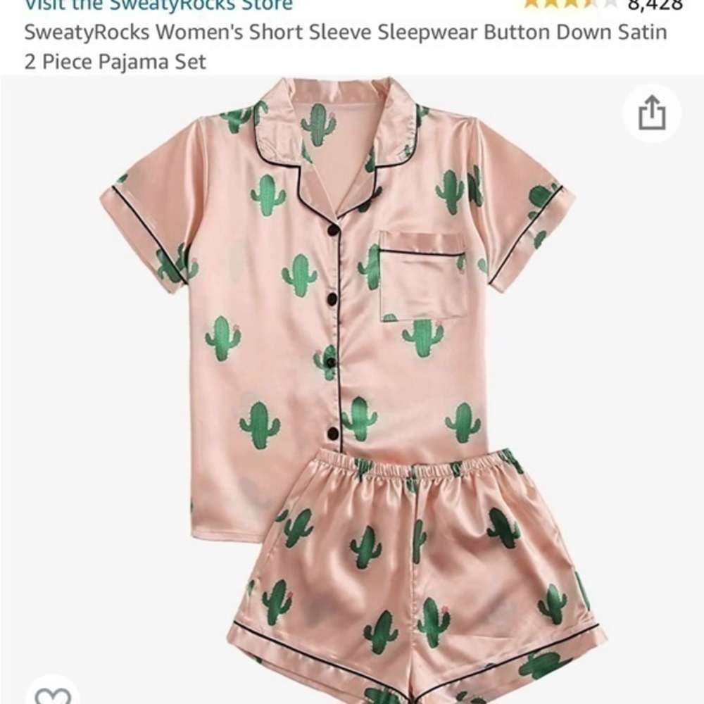 SWEATYROCKS WOMANS TWO PIECE CACTUS SATIN SHORT SLEEVE SLEEPWEAR SIZE MEDIUM